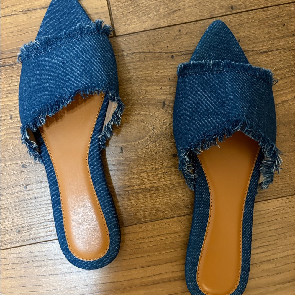 Blue Denim Frayed Mules 9M